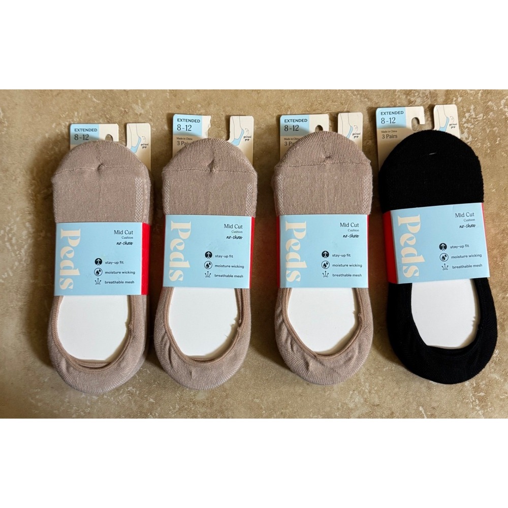 Peds Liner Socks Women‎ 8-12 Tan Black Mid Cut Cushion No-Show 12 Pairs NEW